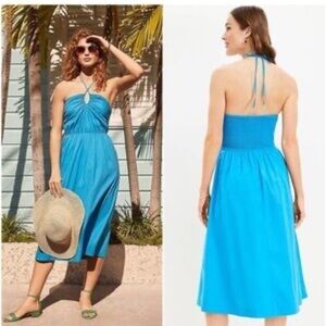 LOFT Keyhole Halter Smocked Back Cotton Modal Midi Dress in Ocean Bay Blue - 4